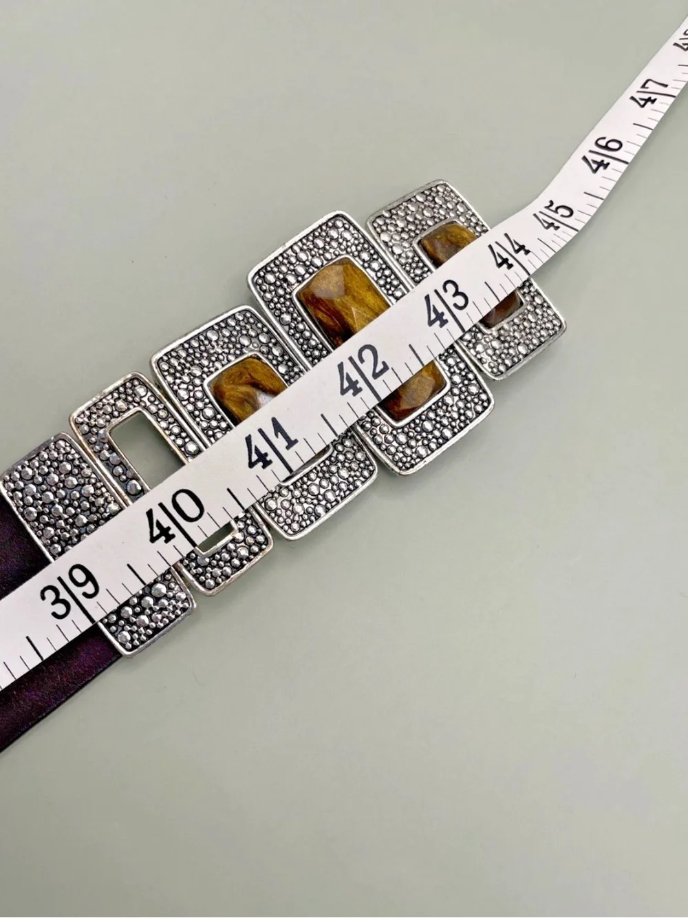 Chicos Wide Belt Women's M/L Brown Leather Silver Tone Faux Amber Stone Buckle